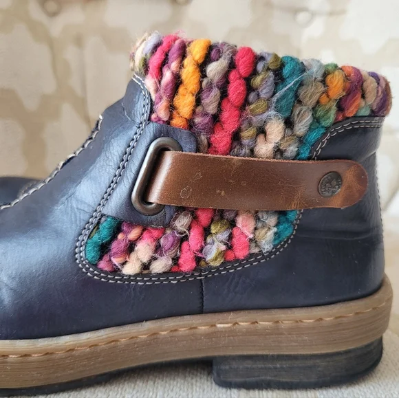 RIEKER FELICITAS MID BOOTS BOHO KNIT CUFF ZIPPER LINED NAVY EU 37 6 6.5 - Picture 2 of 15